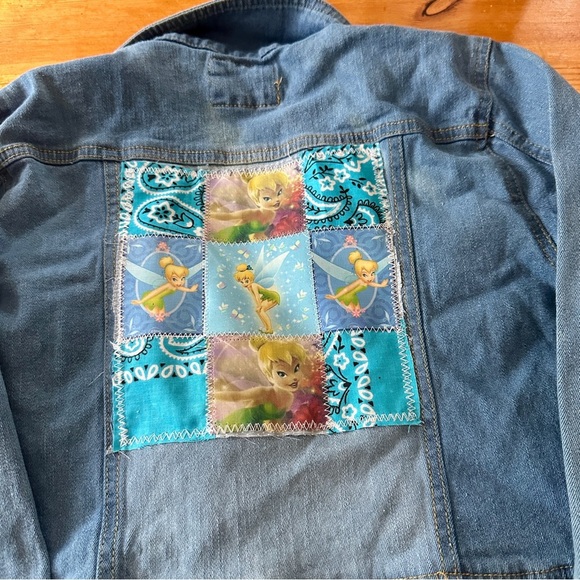 Upcycled Denim Jean jacket  patchwork Tinker Bell ruffle frayed edges girls - Picture 3 of 10